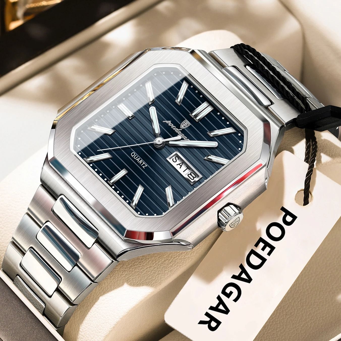 Square Quartz Mens Watch with Luminous Display and Date Week Function