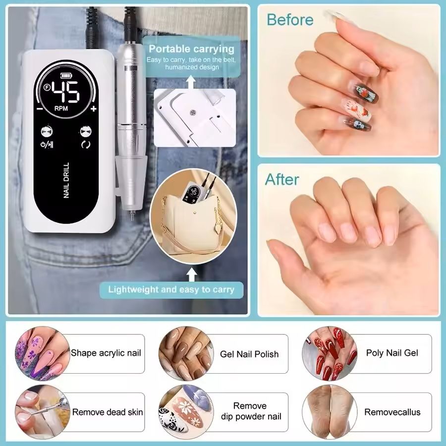 Professional Electric Nail Drill Machine – 45000RPM Rechargeable Low Noise Manicure Tool