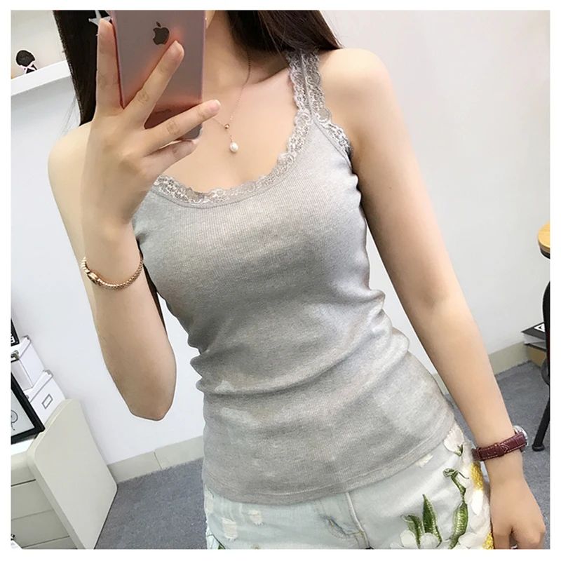 Women's Black Lace Trim Sleeveless Tank Top – Loose Cotton Blend Camisole Vest