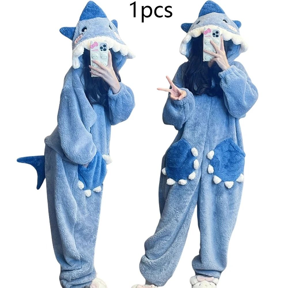 Womens Cartoon Shark Kigurumi Pajamas Hooded Animal Onesie Sleepwear Winter Cosplay Jumpsuit