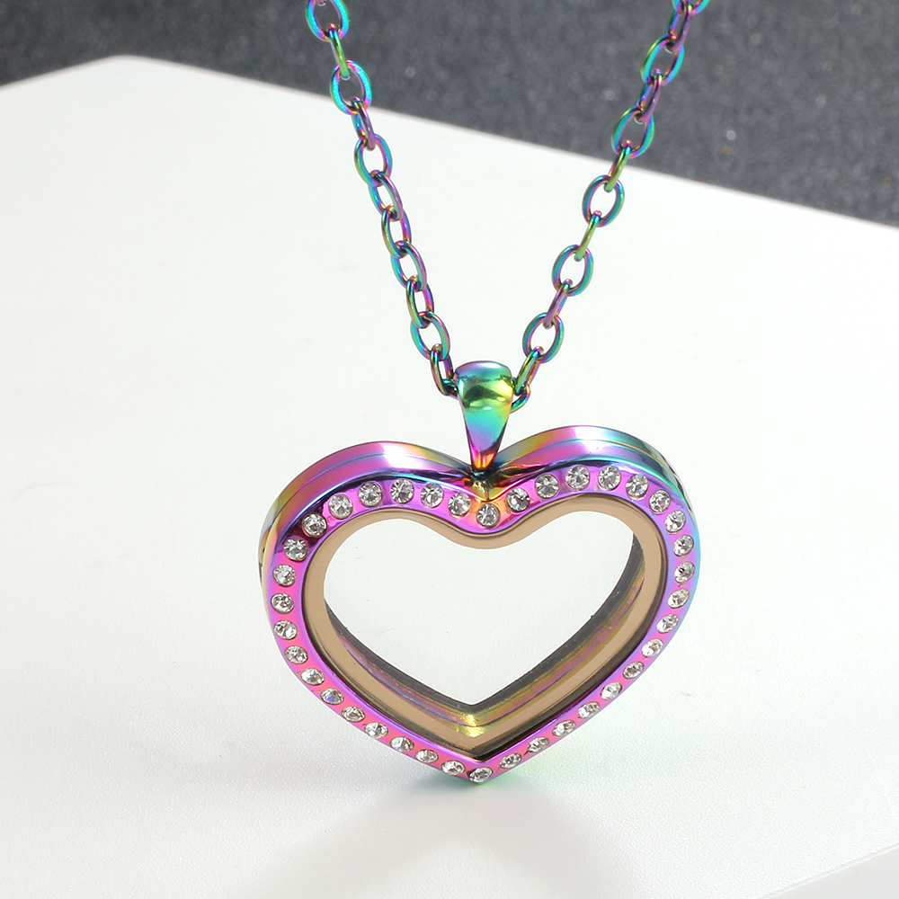 Stainless Steel Living Glass Locket, Peach Heart Floating Charm, Magnetic Closure Chain Necklace