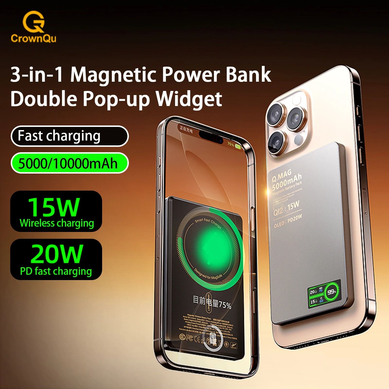 QI 2.1 Magnetic Wireless Power Bank | 3-in-1 Smart Screen External Battery for iPhone 17 & AirPods