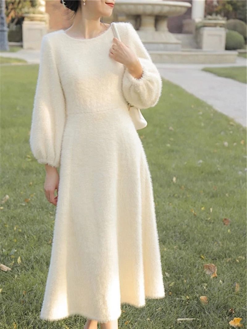 Womens Plush White Sweater Dress Long Sleeve Elegant Winter Knit Dress