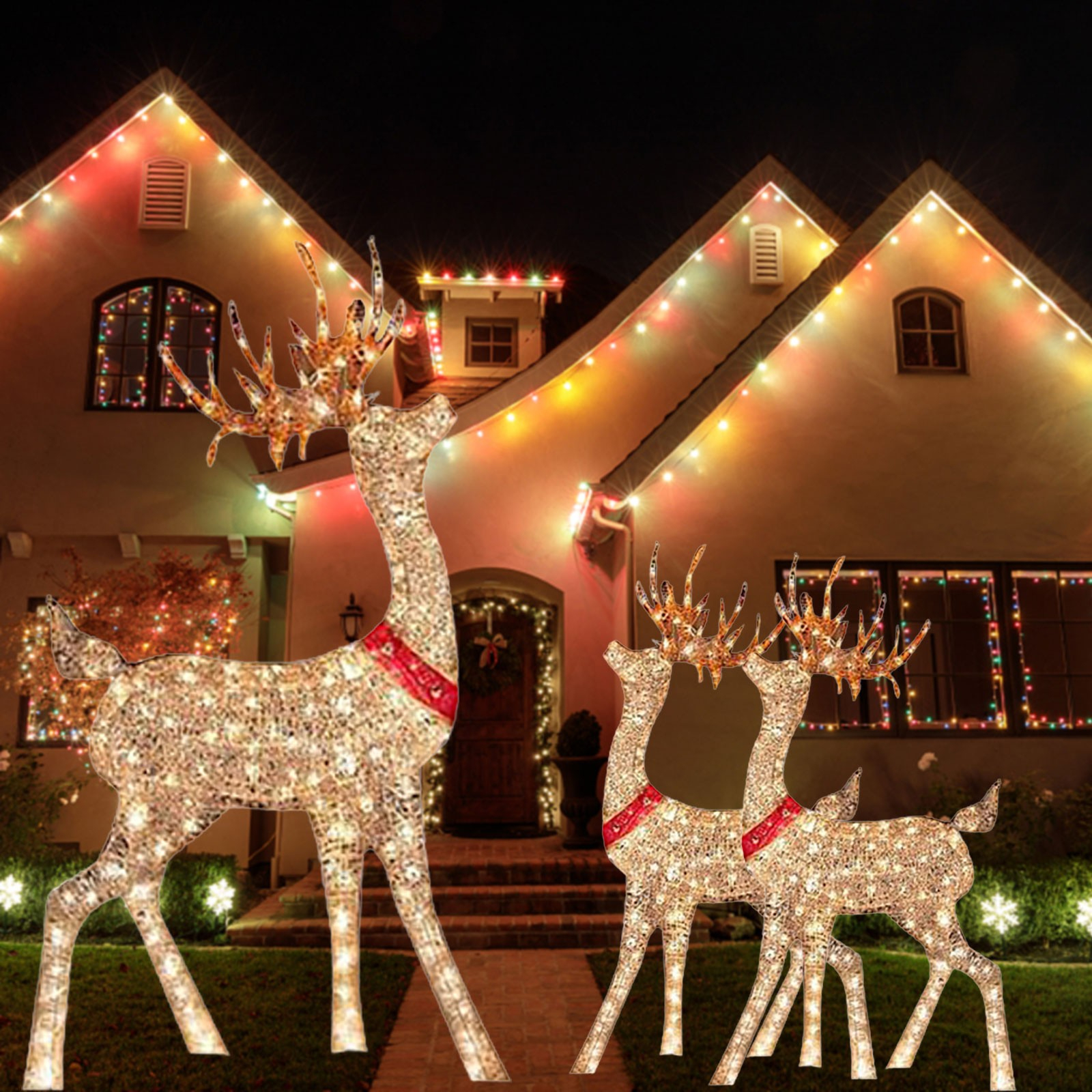 Lighted Christmas Deer Sleigh Outdoor Yard Decoration Winter Decoration For Front Yards