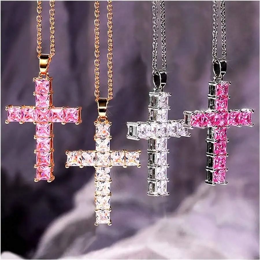 Multi Color Crystal Jesus Cross Pendant Necklace