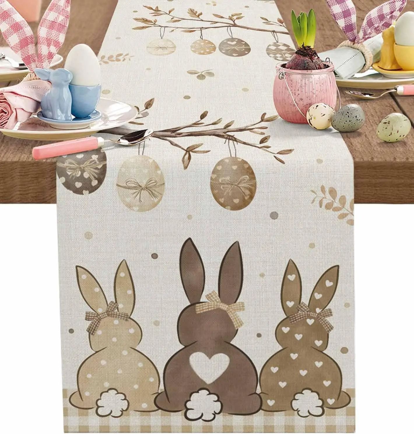 Easter Bunny & Eggs Linen Table Runner – Rustic Spring Botanical Dresser Scarf & Kitchen Holiday Party Decor