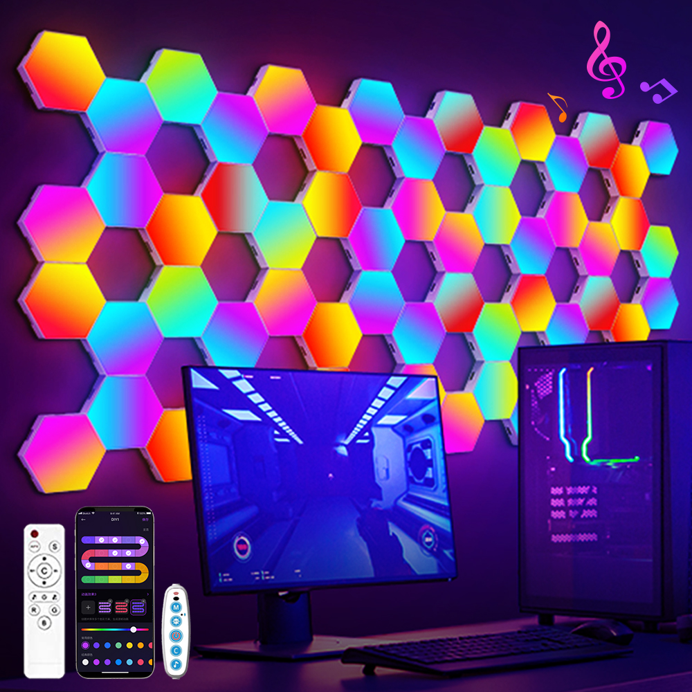 Ambient Night Light RGB Smart Hexagonal Wall Lamp, DIY Shape, Music Rhythm APP for Game Room
