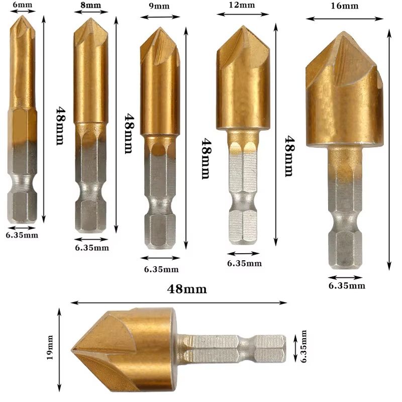 Hex Shank Five-Blade Countersink Drill Bit – 6–19mm Chamfering & Reaming Tool for Precision Woodworking and Hole Finishi