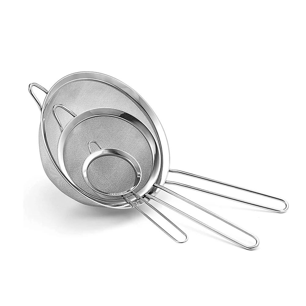 3-Piece Fine Mesh Strainer Set – Stainless Steel Kitchen Sieve & Flour Sifter with Ergonomic Handles