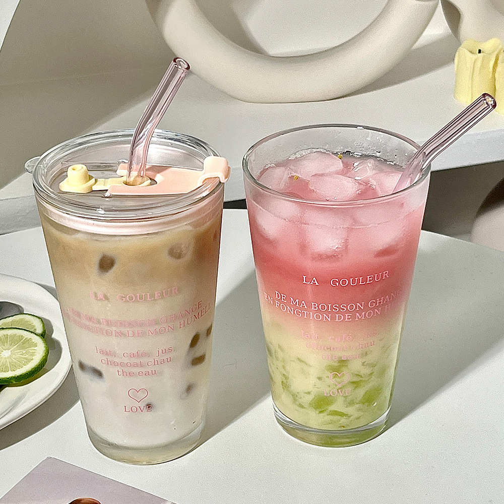Cute Glass Tumbler with Straw and Lid, Transparent Bubble Tea Cup, Iced Coffee Juice Tea Glass, Letter Design Gift