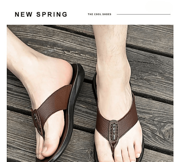 Genuine Leather Mens Flip Flops Soft Sole Summer Beach Sandals