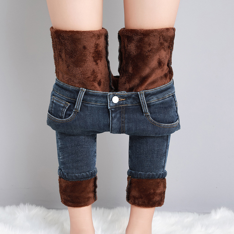 Women Thermal Jeans, Warm Fleece Lined Winter Denim Pants, Stretch Skinny Retro Blue Thicken Pencil Trousers