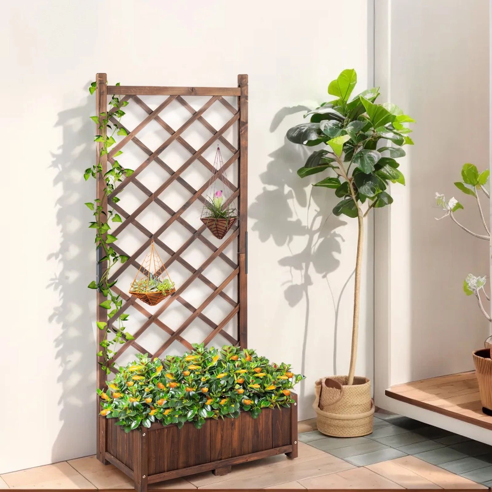 Wood Planter Raised Garden Bed with Trellis – Outdoor Garden Box for Climbing Plants and Vegetables
