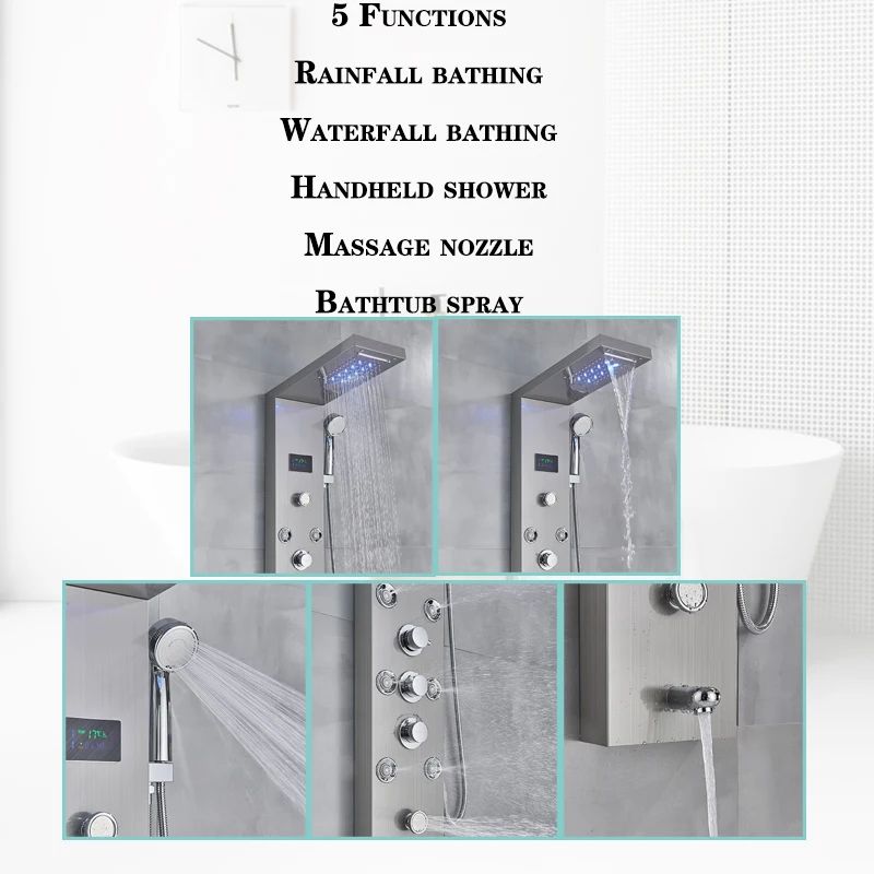 LED Light Bathroom Shower Faucet Set, Rainfall Panel System with Digital Temperature Display, Massage SPA Jets, and Bat