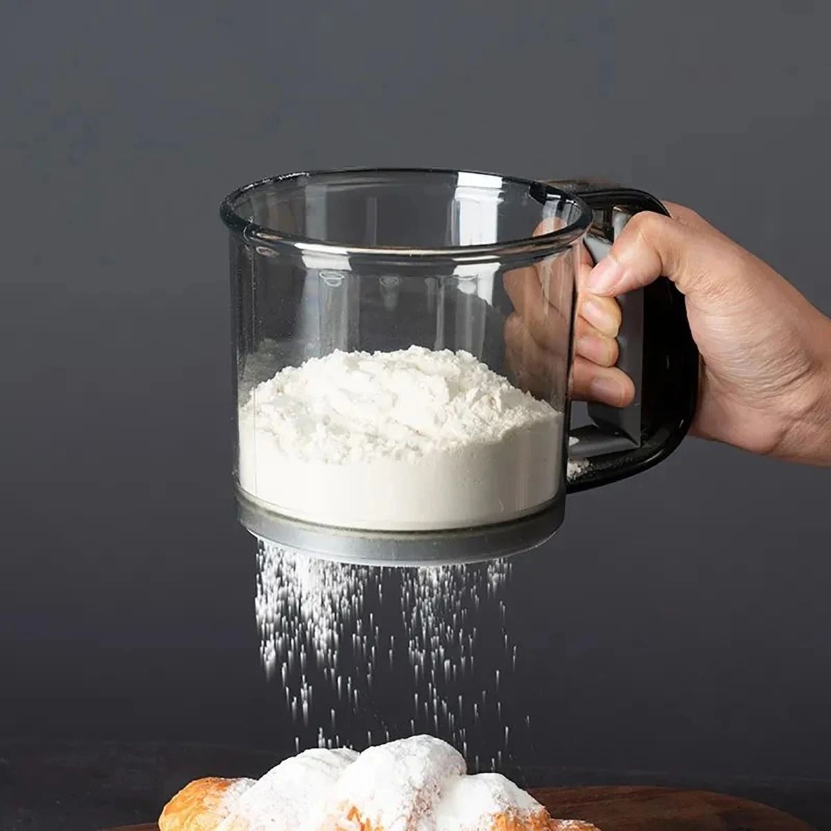 Semi Automatic Flour Sifter Cup with 40 Mesh Stainless Steel Screen and Measuring Scale