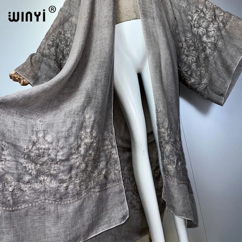 Hand-Dyed Embroidered Beach Kimono Maxi Cover Up