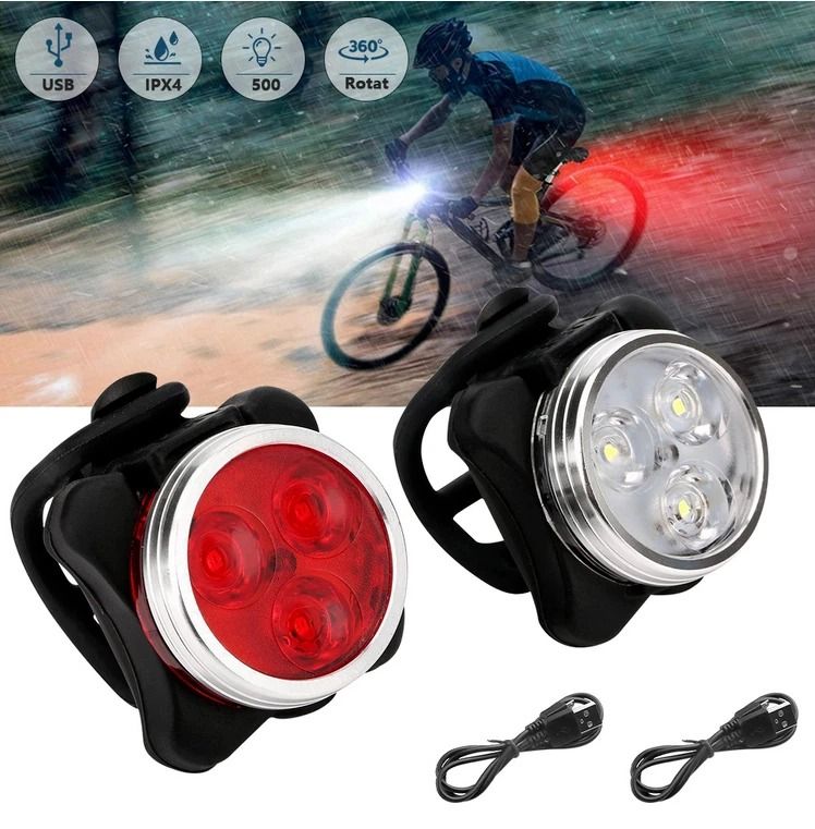 USB Rechargeable LED Bicycle Headlight & Rear Lamp Set Waterproof, Adjustable Cycling Lights