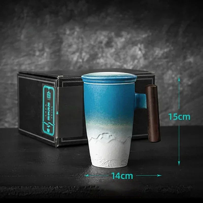 Retro Ceramic Mug with Wooden Handle and Lid