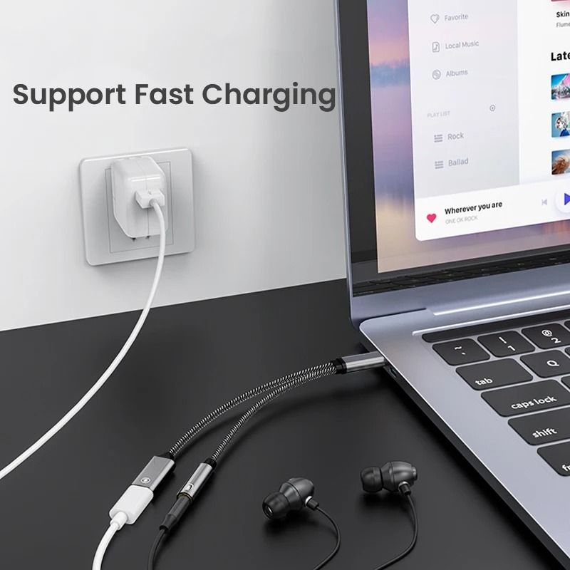 2 in 1 USB C to 3.5mm Adapter with Charging PD 60W Audio Splitter Cable