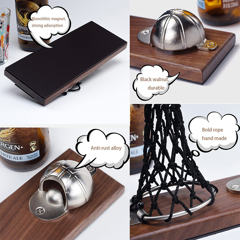 Magnetic Basketball Bottle Opener with Wooden Wall-Mount and Cap Catcher Perfect Gift for Basketball Lovers