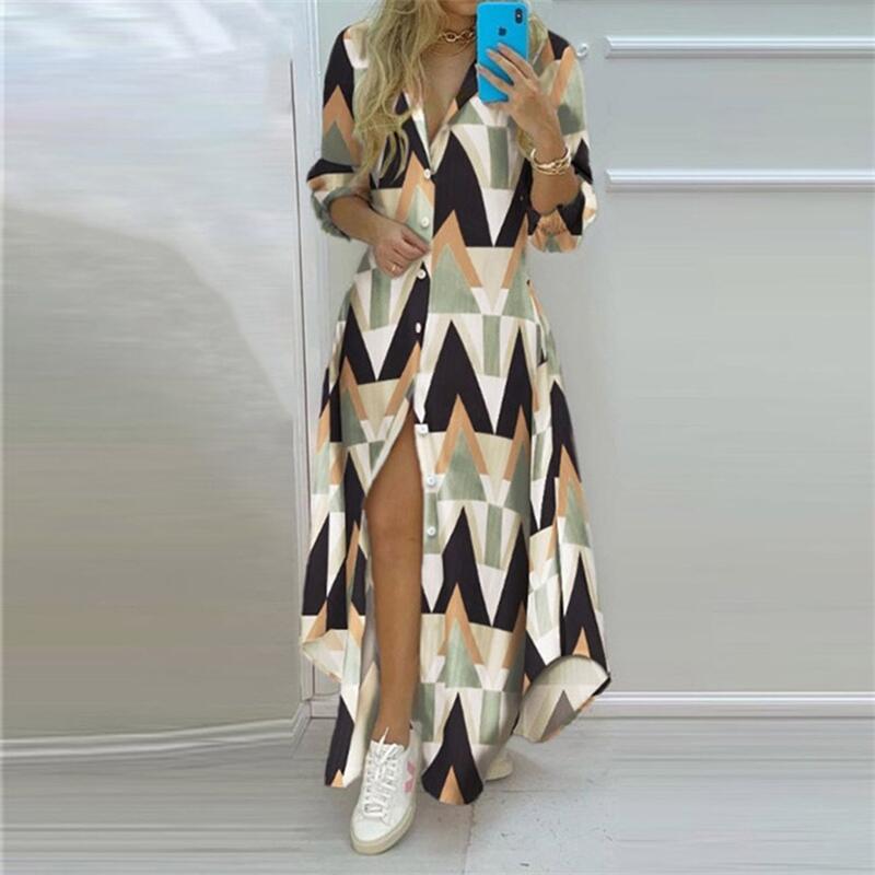 Summer Women Boho Printed Maxi Dresses Turn-down Collar Long Sleeve Casual Split Shirt Elegant Dress Evening Dresses