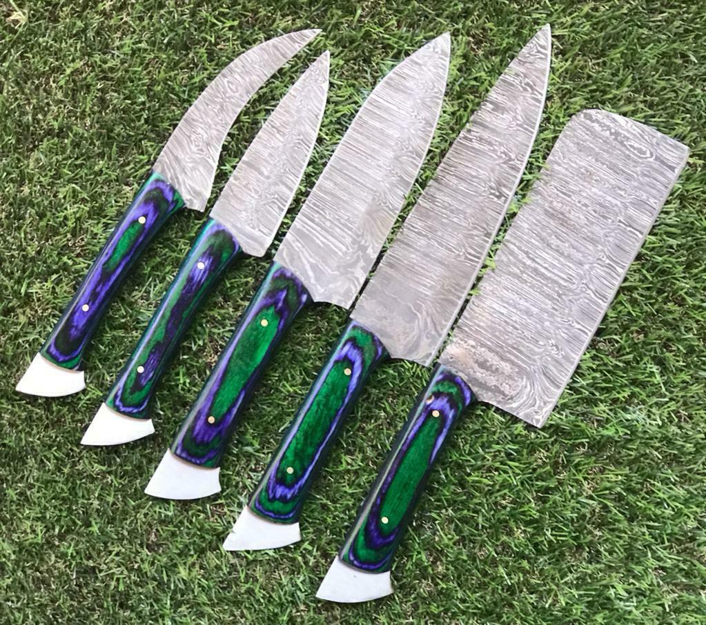 Custom Forged Damascus Steel Chef Knives | 5 Piece Kitchen Set