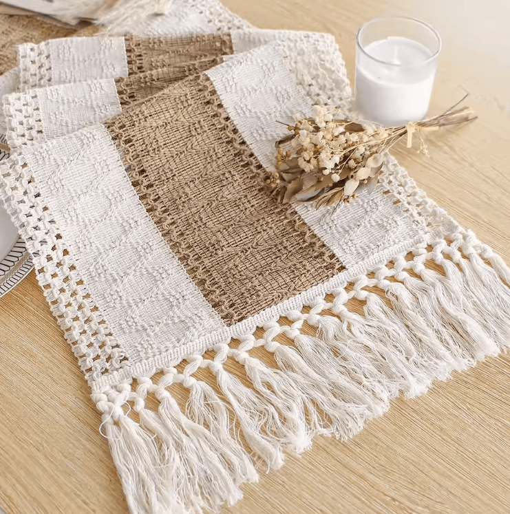 Boho Farmhouse Linen Table Runner with Tassels – Rustic Macrame Dining Decor