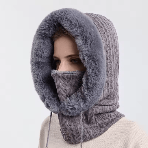 Women Winter Hooded Balaclava Hat with Neck Warmer Knitted Plush Windproof Cap