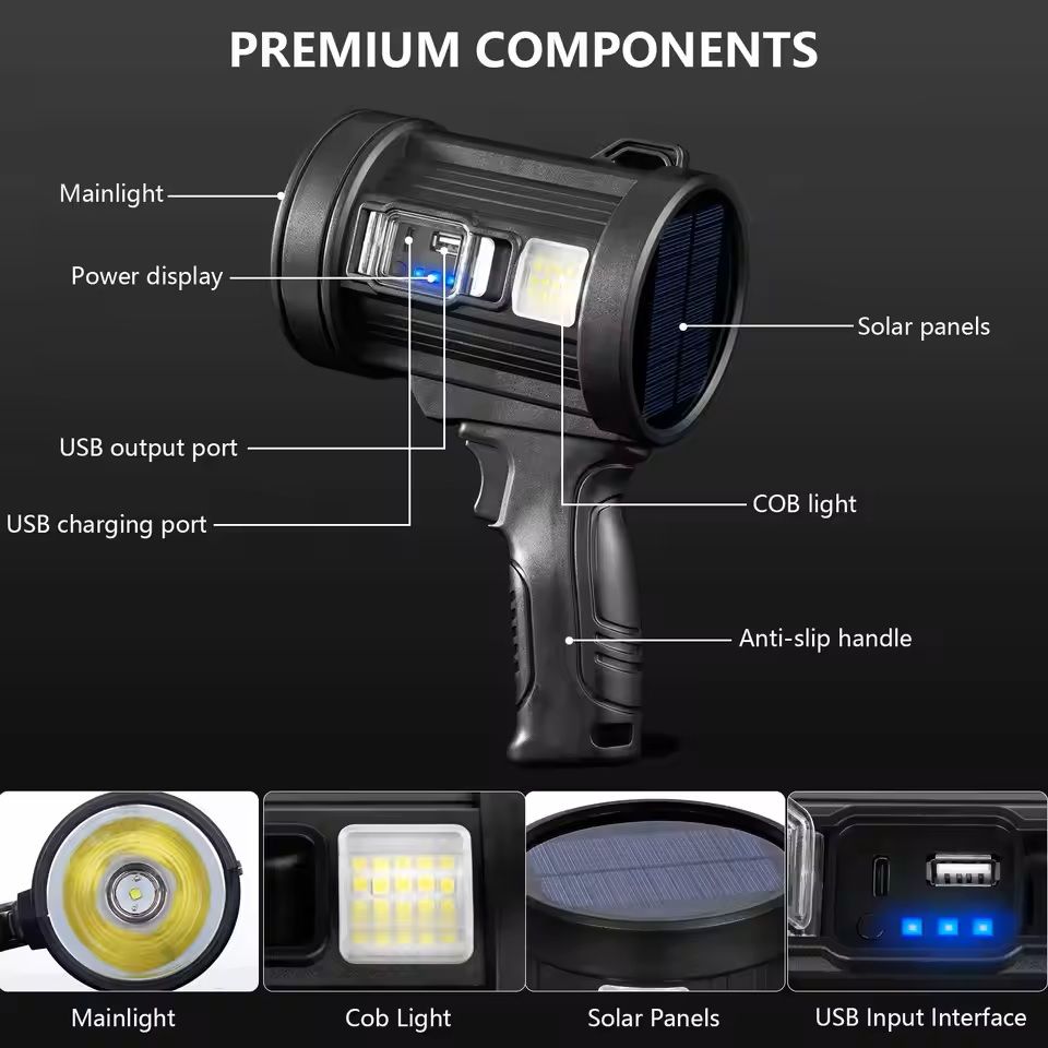 Rechargeable Spotlight 1000000 Lumens Handheld Flashlight with COB and Solar Panels