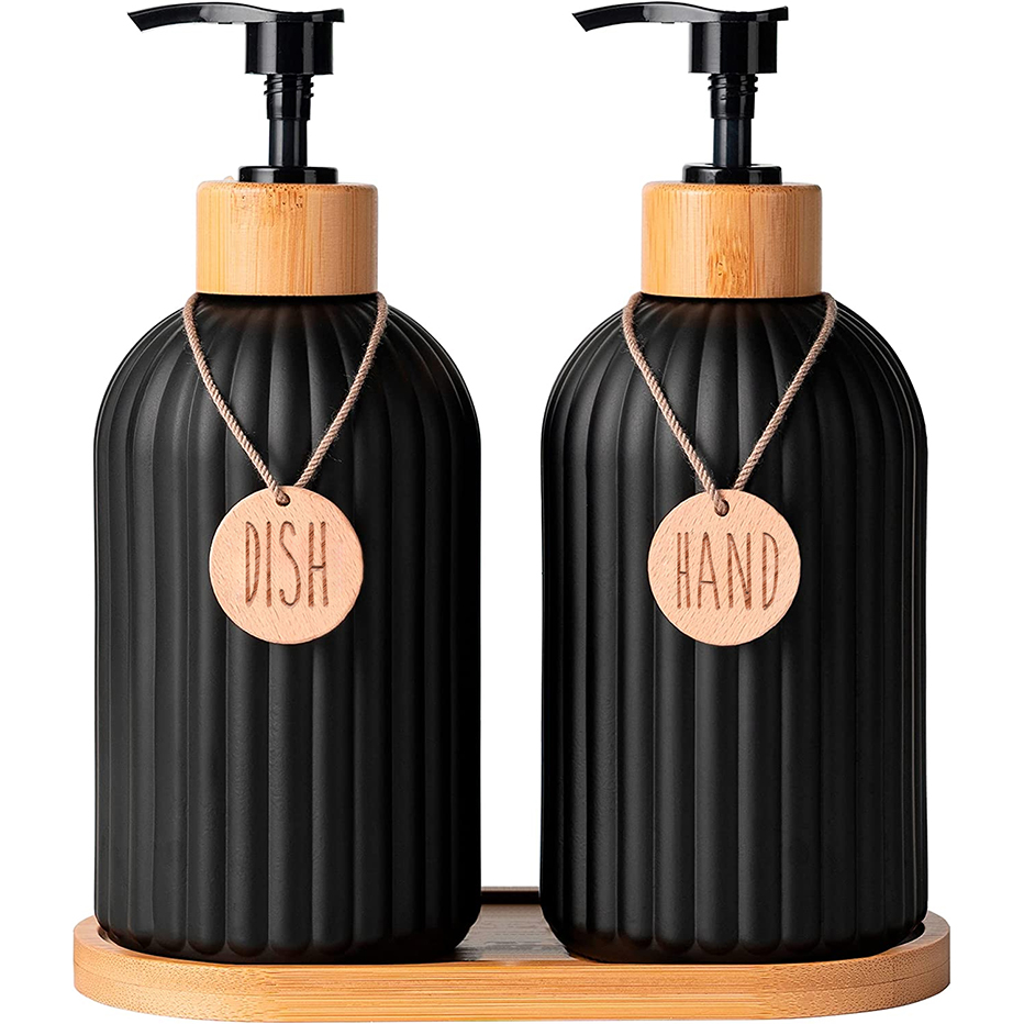 Kitchen Black Dish Soap Dispenser Set with Tags Countertop Storage for Hands & Dish Soap