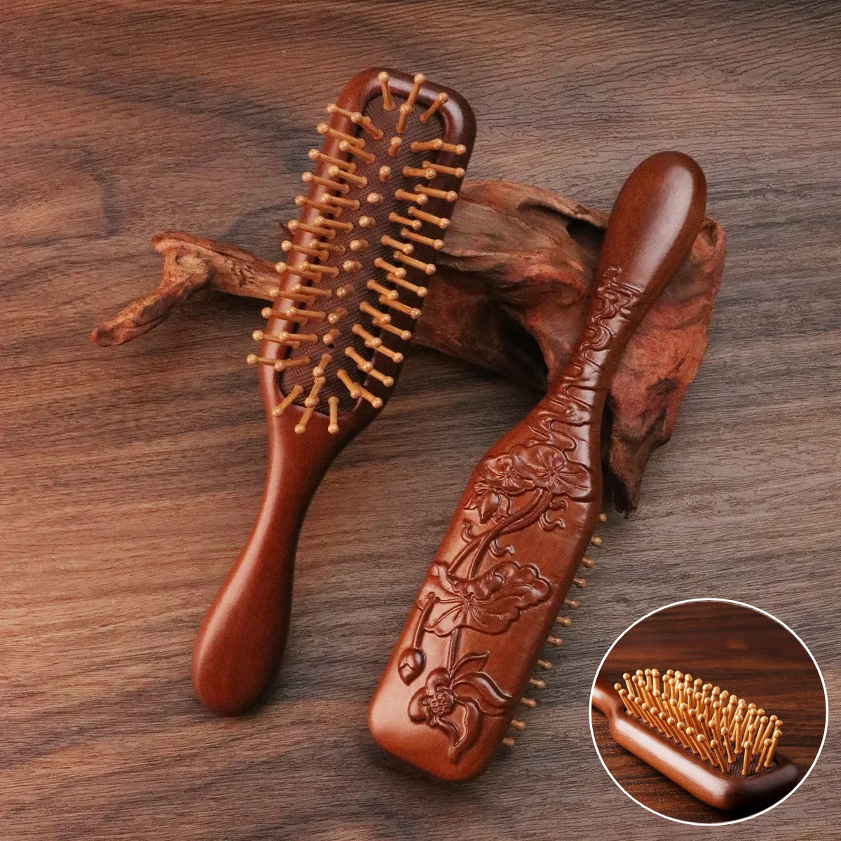 Sandalwood Massage Comb, Meridian Hair Care, Golden Silk Narrow Air Bag Comb