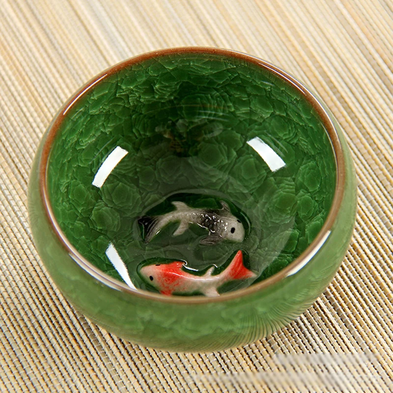 Crackle Glaze Chinese Porcelain Teacup Set Double Fish Kung Fu Travel Tea Cups