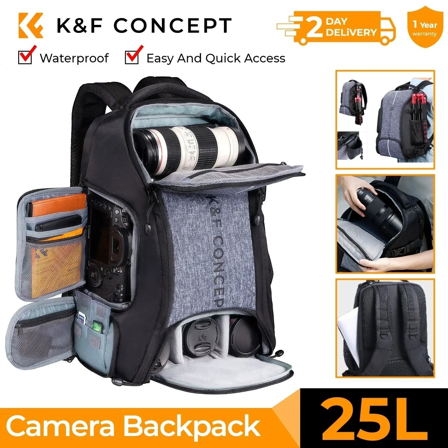 K and F Concept Large Camera Backpack 25L 32L with Laptop Sleeve Tripod Strap and Rain Cover
