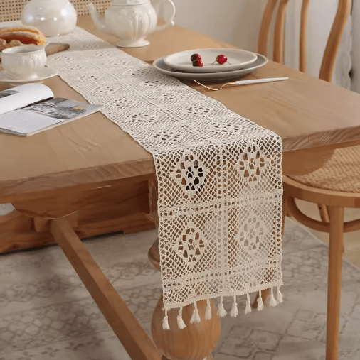 Boho Macrame Crochet Table Runner Vintage Farmhouse Beige Table Decor
