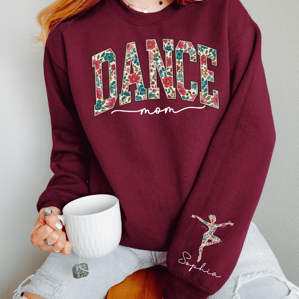 Custom Floral Dance Mom Sweatshirt Personalized Name Sleeve Mama Crewneck Gift