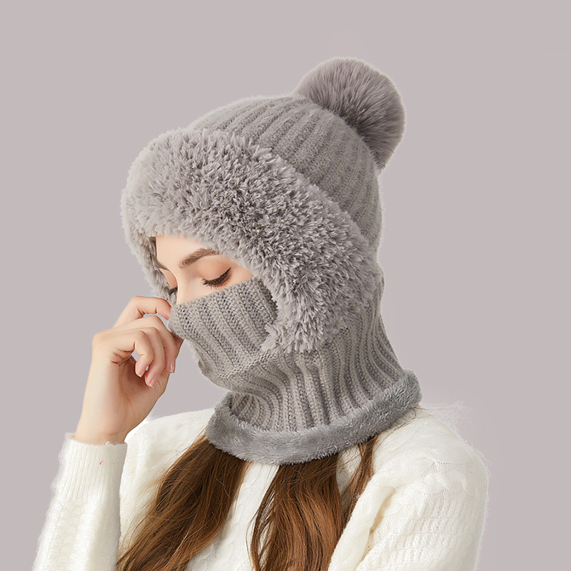 Winter Warm Knitted Hat Fashion Windproof Scarf Mask One-piece Hat with Fluff Thickening for Women