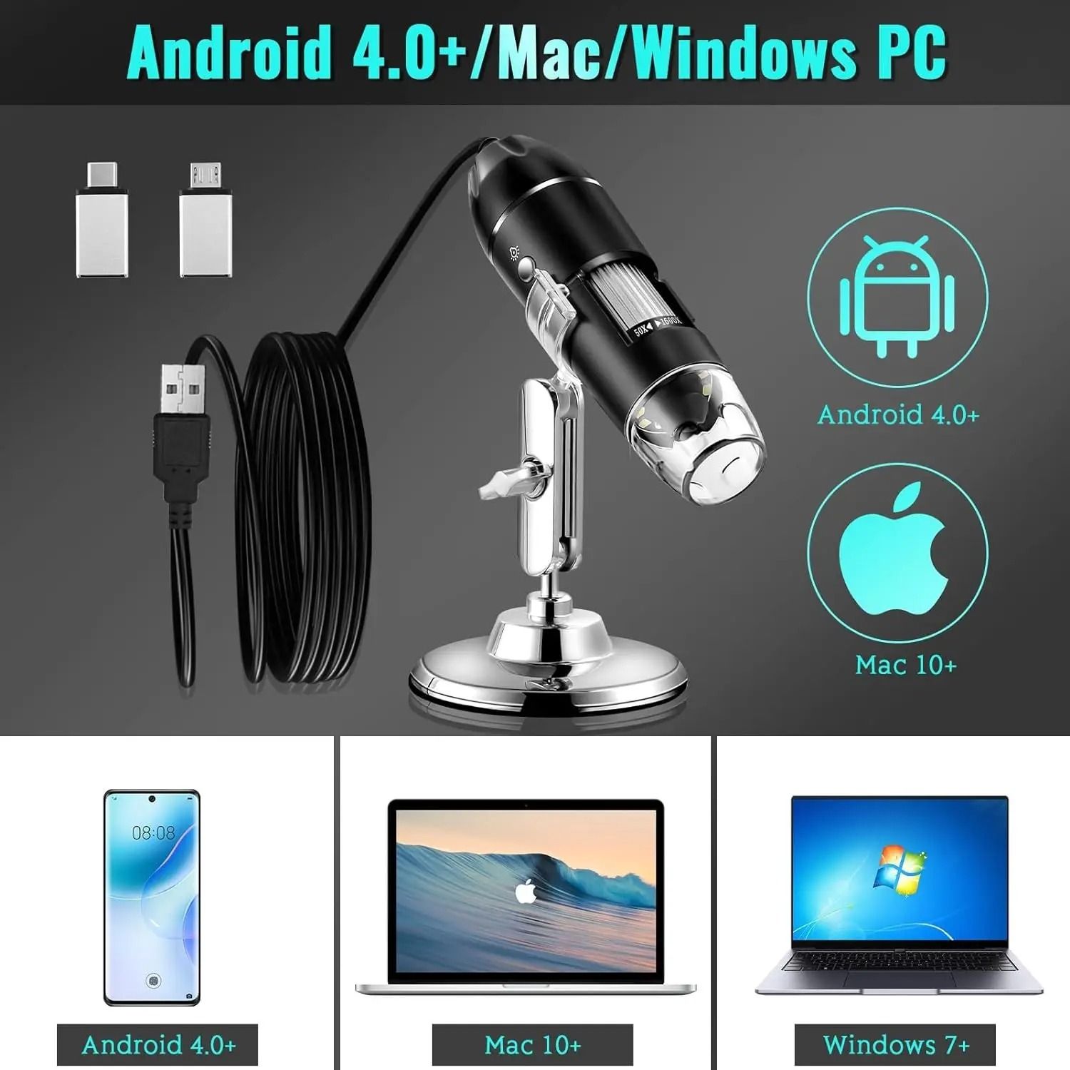 1600X USB Digital Microscope with 1080P HD Camera and Adjustable 8 LED Lights – Compatible with Android, Mac, and Window
