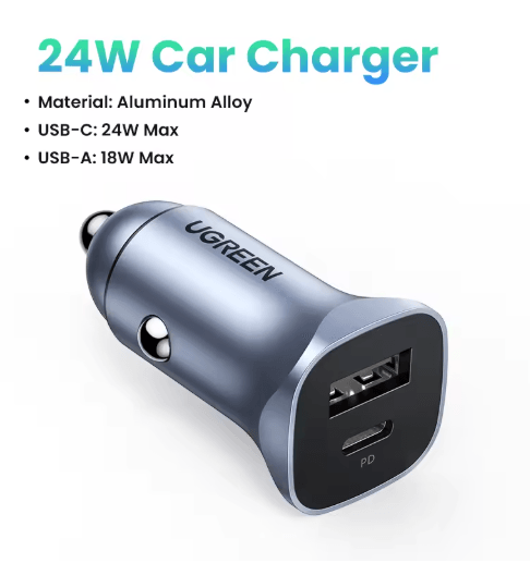 UGREEN 24W Dual Port Car Charger – Fast Car Charger with QC 4.0 & USB-C Fast Charging for iPhone, Samsung & Android