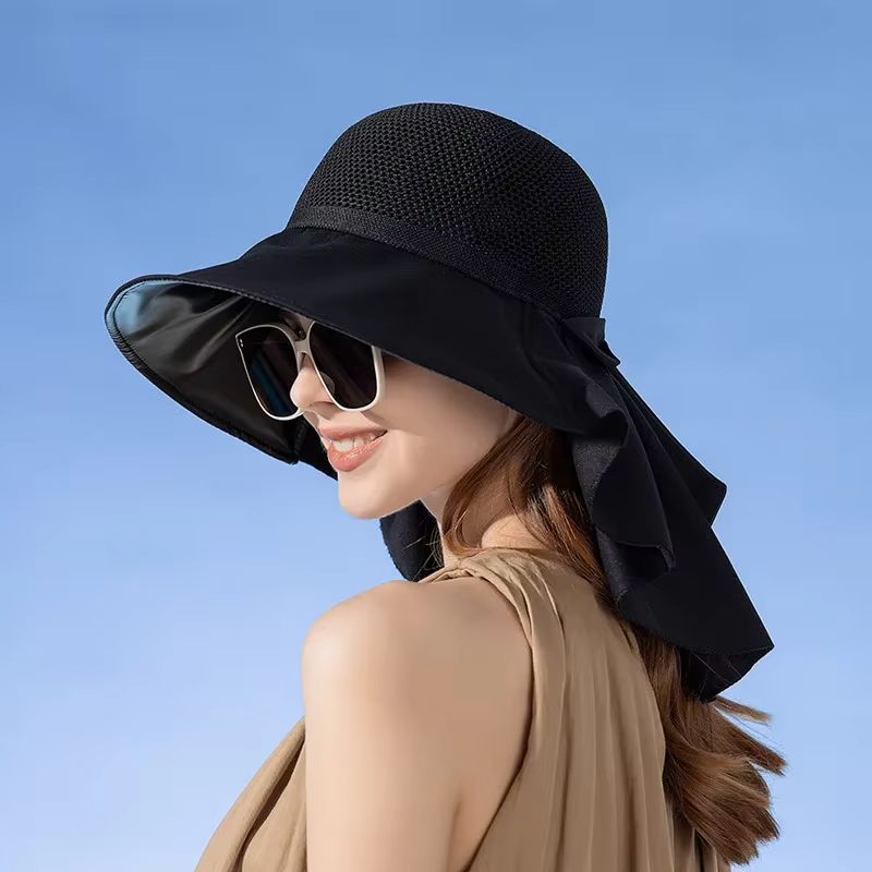 Women's Summer Sun Hat with Face and Neck Protection – Lightweight Mesh Bucket Hat with Shawl and Bow Detail