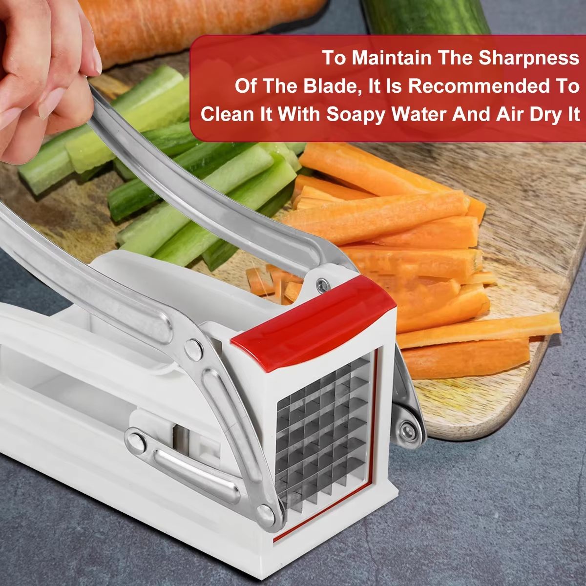 QuickSlice Stainless Steel French Fry Cutter – Manual Potato Chipper and Vegetable Slicer with Interchangeable Blades