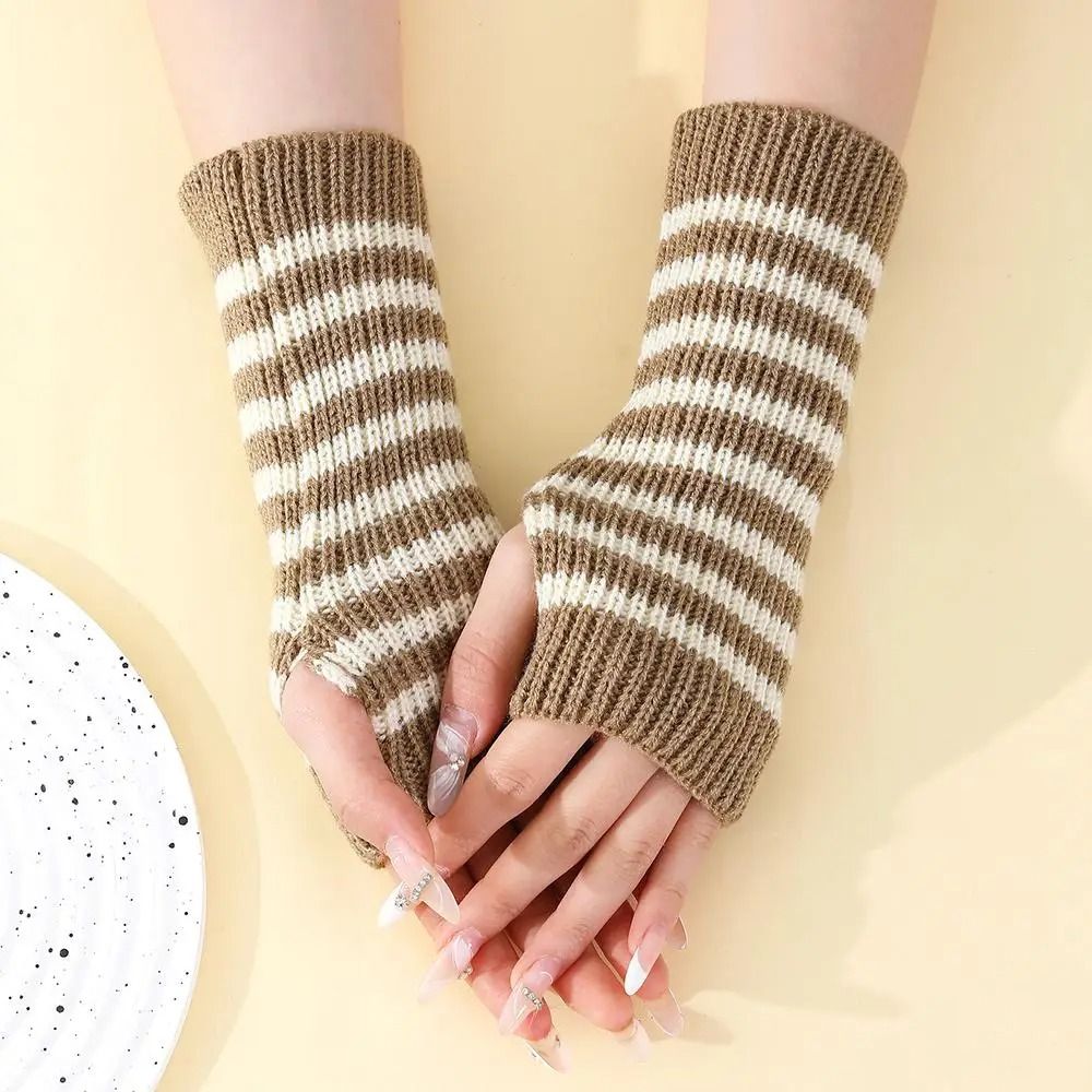 Gothic Striped Fingerless Arm Warmers - Harajuku Y2K Knit Sleeves
