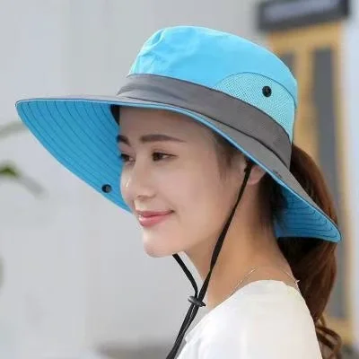 Womens Wide Brim Sun Hat with Ponytail Hole Breathable Waterproof Summer Beach Hat