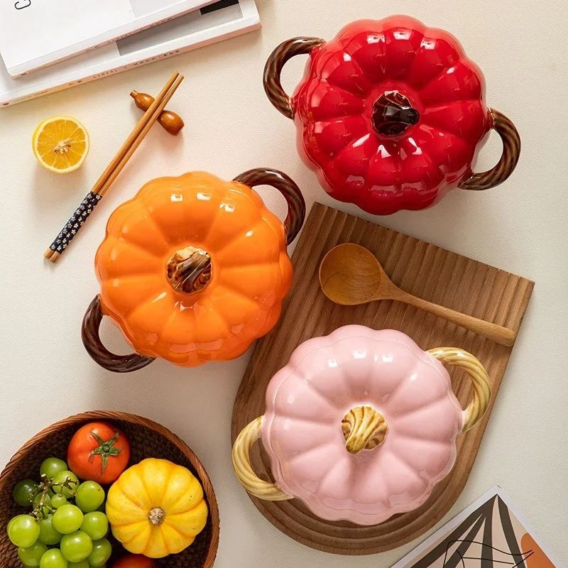 Ceramic Pumpkin Soup Pot with Lid – Creative Halloween Soup & Noodle Bowl
