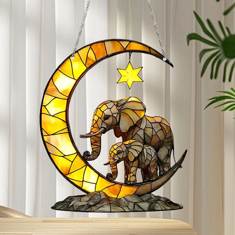 Elephant Family & Crescent Moon Suncatcher | Stained-Glass Style Window Pendant & Garden Accent