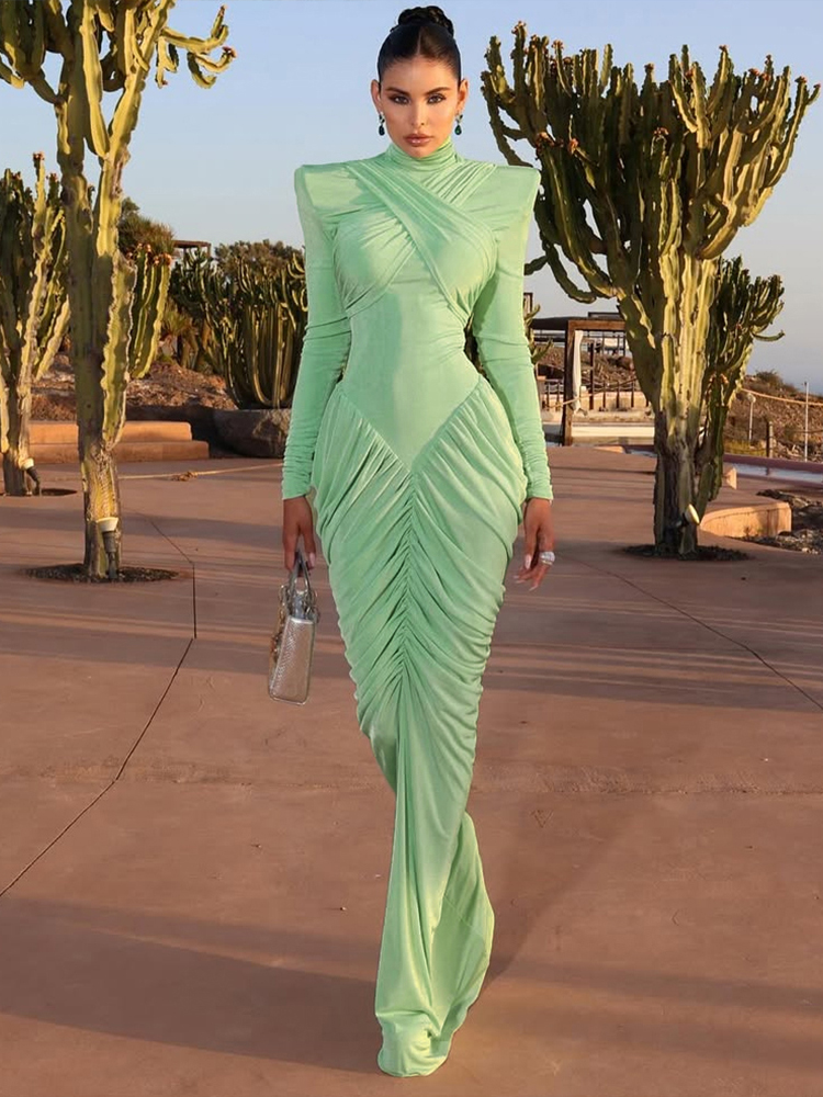 Autumn Weird Puss Maxi Dress Women Turtleneck Full Sleeve Backless Skinny Stretch Party Prom Elegant Ruched Vestidos