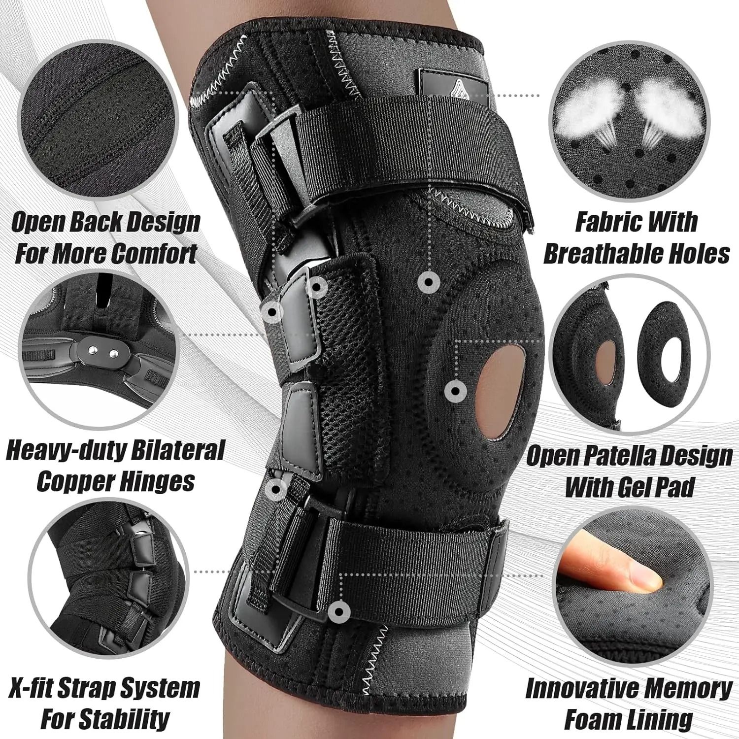 Professional Hinged Knee Support Brace with Gel Pad and Side Stabilizers