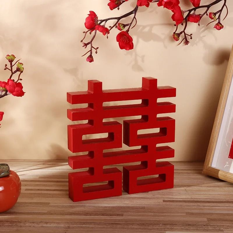 Double Happiness Chinese Wedding Decor Red XI Symbol Wooden Decoration for Home and Events