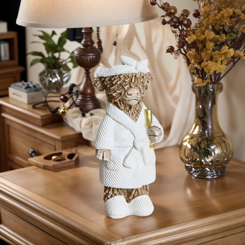 Resin Craft Tabletop Statue, Country Style Highland Cow Holding Champagne Decorative Statue, Thanksgiving Christmas Home