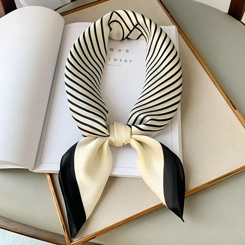 Silk Square Plaid Scarf Women Satin Hijab Head Neck Tie Band Luxury Foulard Soft Work Neckerchief