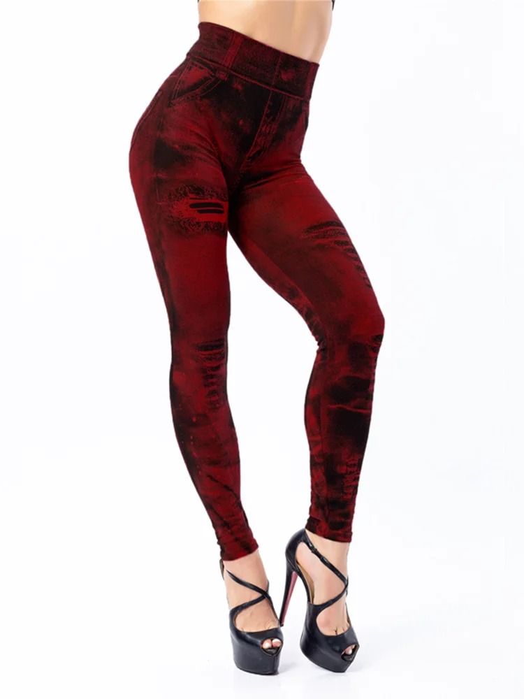 Women Imitation Jeans Stretch Leggings High Waist Slim Fit Pants